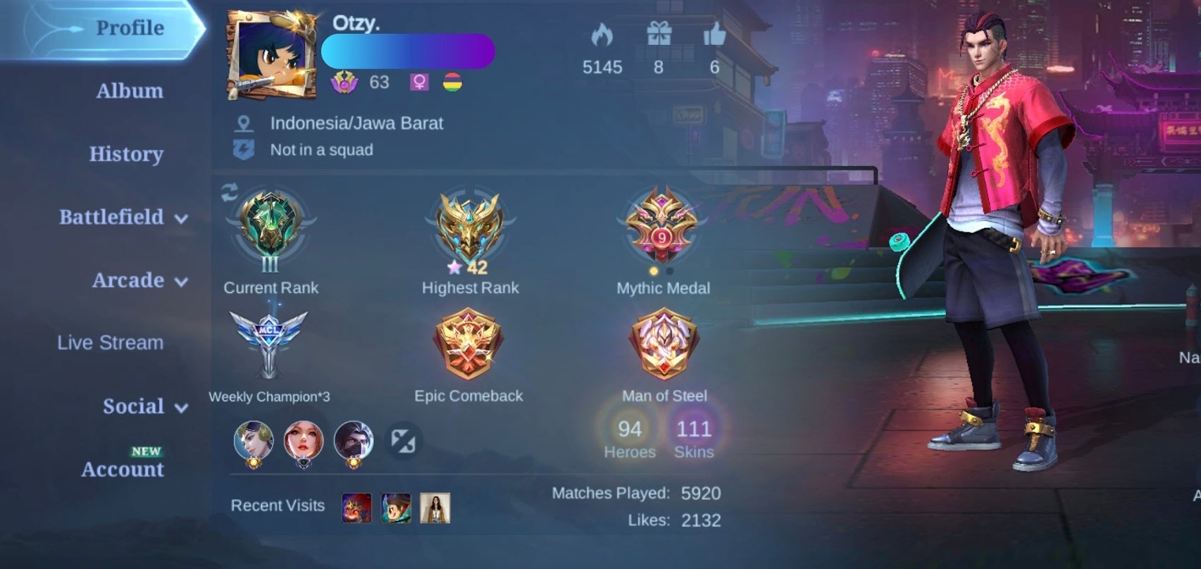 Hero 94|Skin 111|Emblem All Max|Stun Chou|Lightborn Fanny|KOF Karina|MDT Mathilda|Chirstmas Karina #A020
